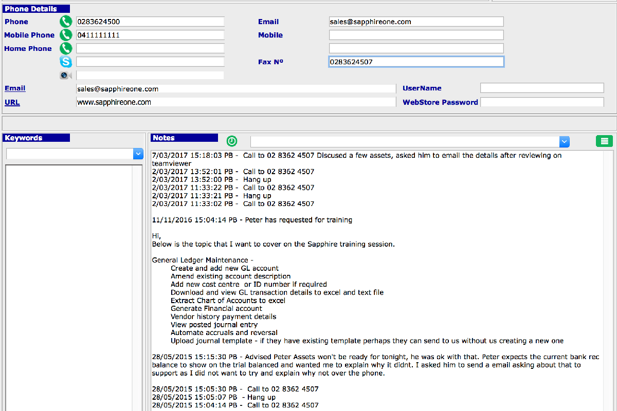 SapphireOne softphone log entry