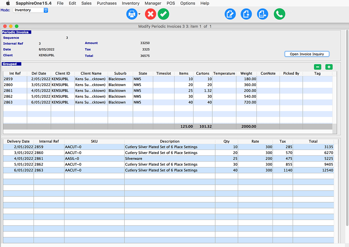 SapphireOne Periodic Invoice will assist you to organise the invoice processing in a cost effective and timely manner. 