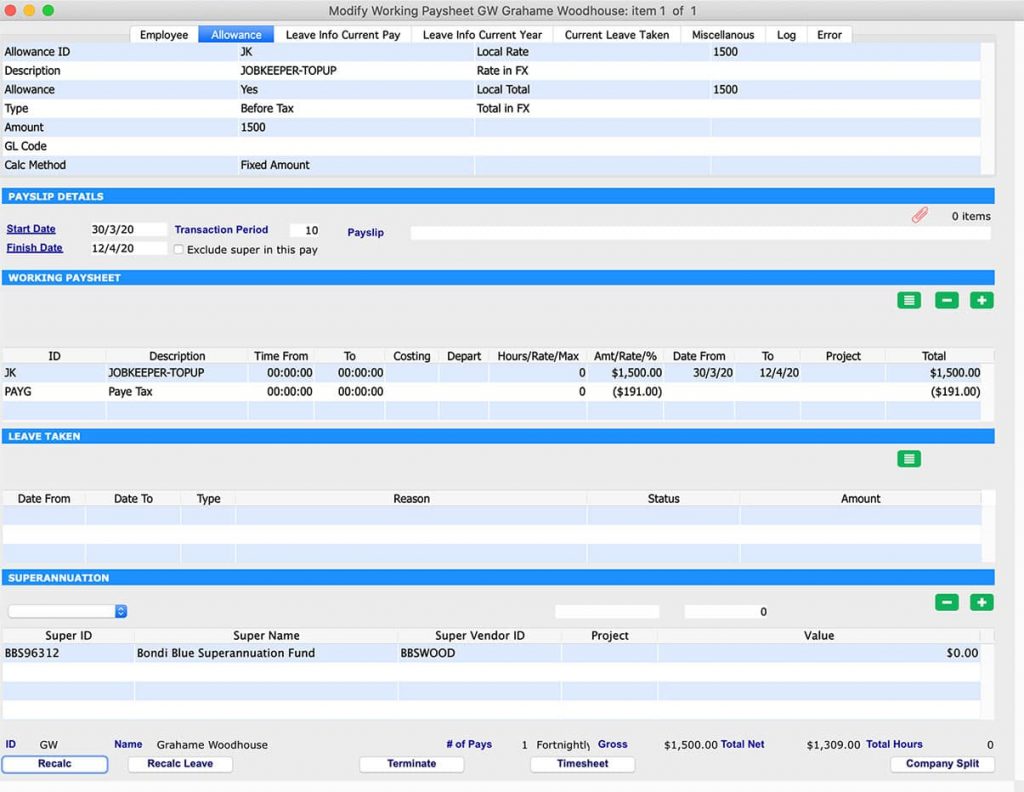 Apply the JobKeeper Wage Payment Pay Item to your Employee