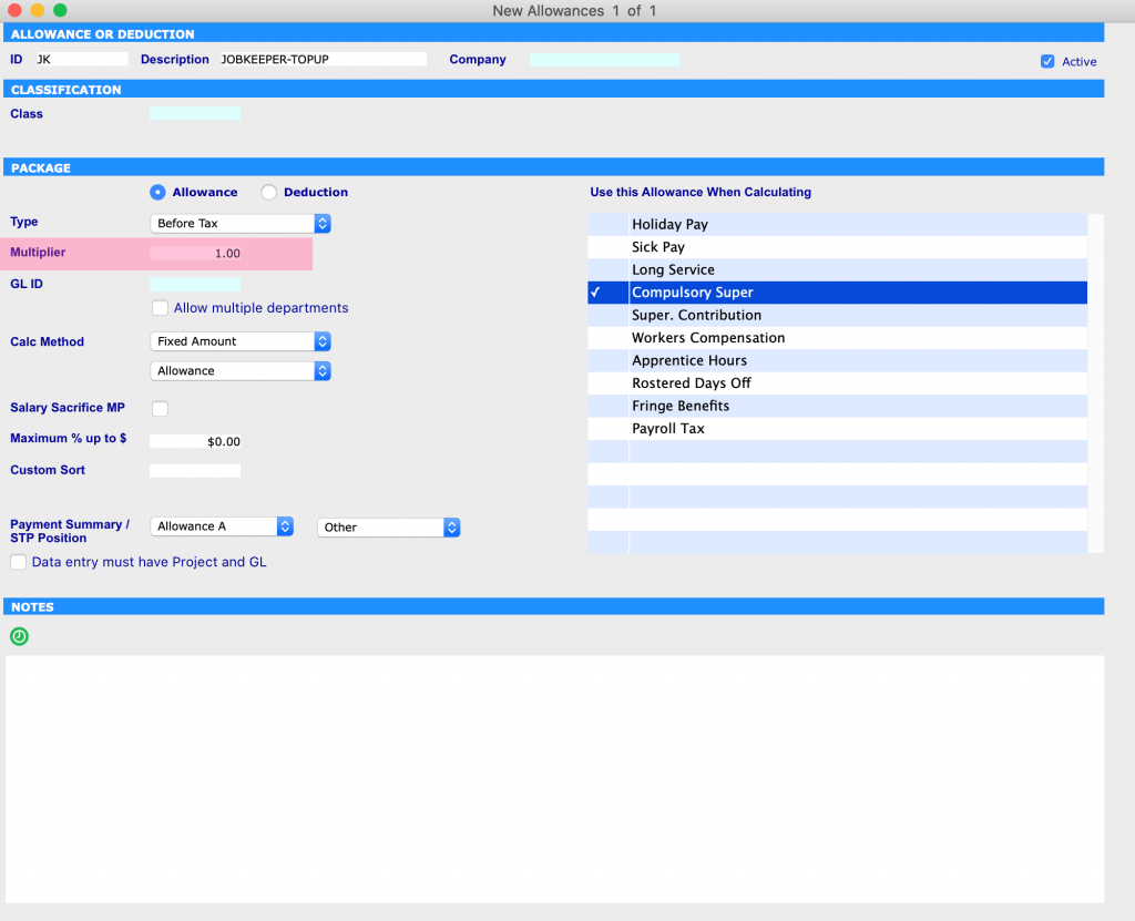 JobKeeper Allowance settings