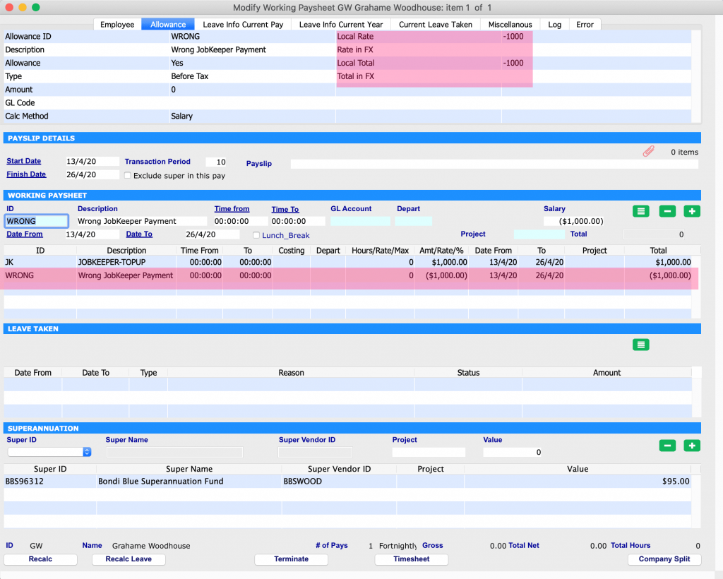 JobKeeper Payment method 1 for adjusting wrong JobKeeper payment