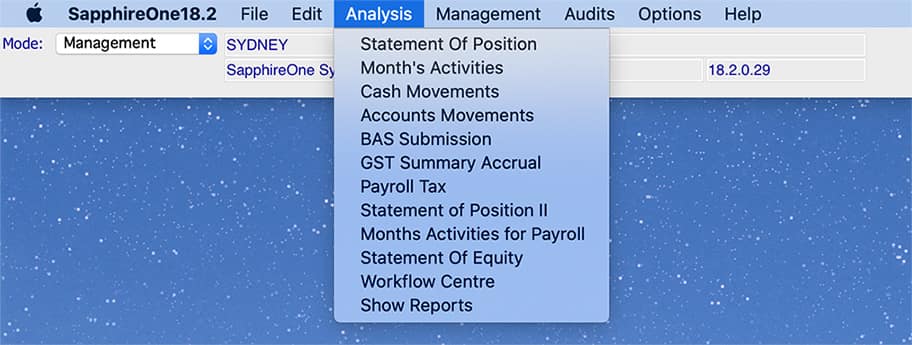 Standard Business Reporting within SapphireOne Management Mode