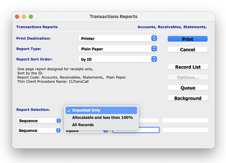 SapphireOne has six different Accounts Receivables reports options, including the Transactions Report, each allowing you to report dynamically on client data for many different purposes. 