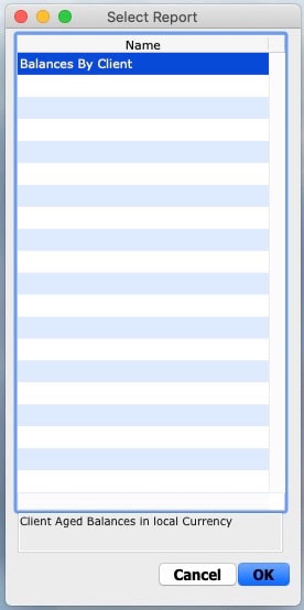 The Show Reports option presents the above pop-up, giving you the ability to create a pre-set ‘Balances by Client’ report.