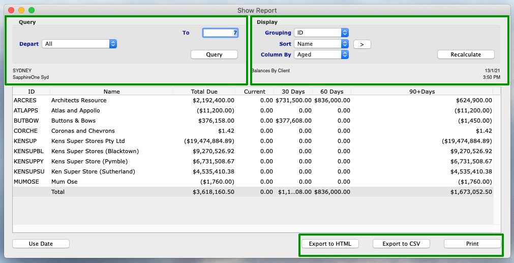 You can choose how you would like to organise your Accounts Receivables Show Reports feature by selecting your preferences in the dropdown ‘Query’ and ‘Display’ fields at the top of the reporting window.