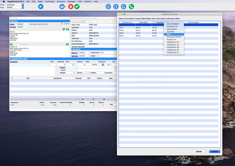 All headings within every SapphireOne data entry screen are also fully customisable, and you can select from a range of heading options to meet your specific business requirements. In the above image we have selected Inventory SKU, Description, Rate and Quantity as an example.