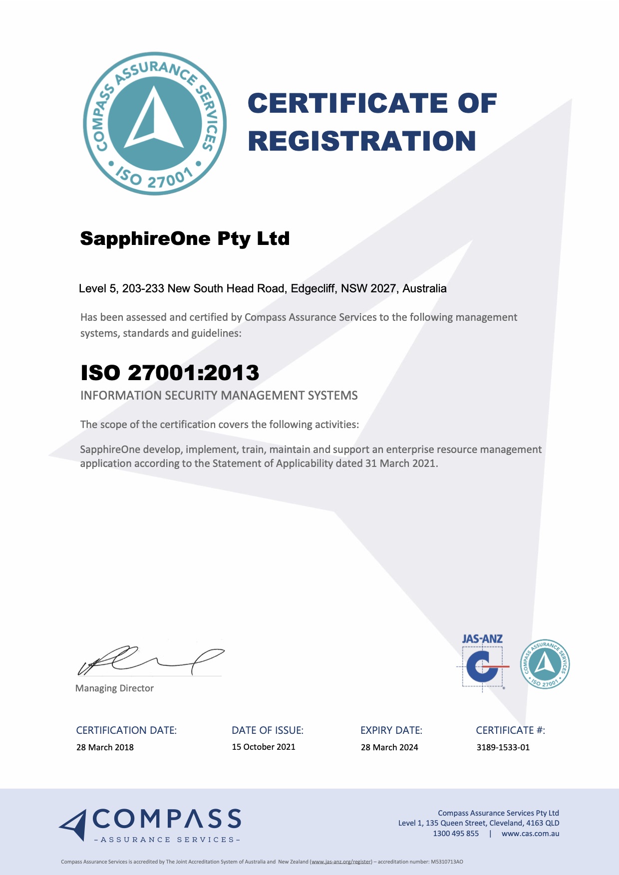 SapphireOne Certified for ISO 27001:2013 Information Security