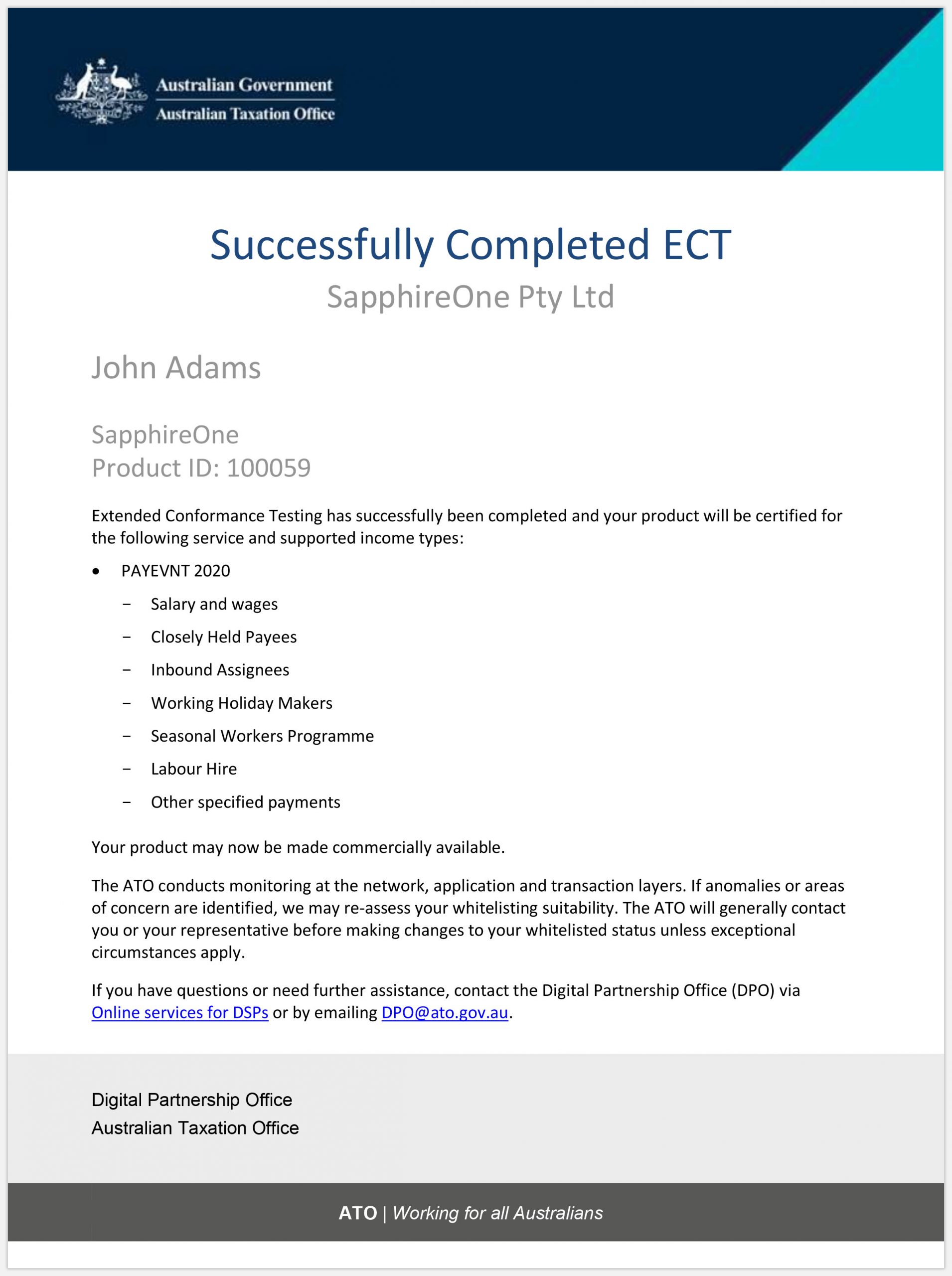 SapphireOne ECT-Certification